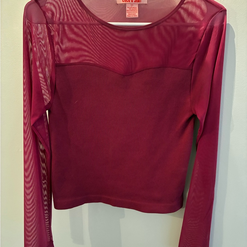 COOGI Sheer Long Sleeve Top in Rich Burgundy